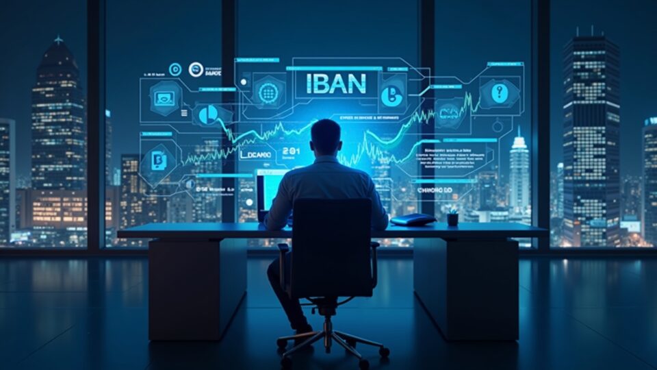 Operador fotorrealista en un escritorio elegante con IBAN/carriles multimoneda holográficos; el horizonte urbano mezcla la banca y la cadena de bloques