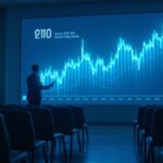 Analista fotorrealista en una sala de conferencias observando un gráfico holográfico azul del mercado de NFT que cae un 45%, con asientos vacíos.