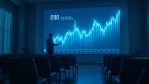 Analista fotorrealista en una sala de conferencias observando un gráfico holográfico azul del mercado de NFT que cae un 45%, con asientos vacíos.