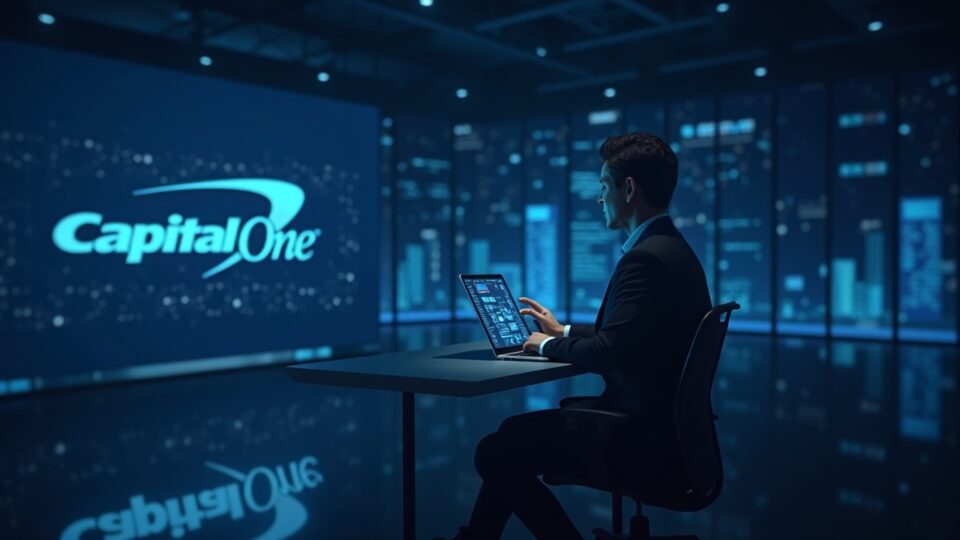 Encabezado de la sala de prensa con un ejecutivo en el centro, fondo de libro mayor digital, marcas combinadas de Capital One y Brex, y vías de stablecoin brillantes.