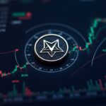 Moneda Cardano ADA sobre una pantalla de trading cripto de alta tecnología que muestra una ruptura estancada, con mapa de calor on-chain y flechas de riesgo.
