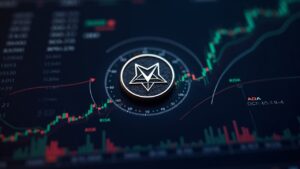 Moneda Cardano ADA sobre una pantalla de trading cripto de alta tecnología que muestra una ruptura estancada, con mapa de calor on-chain y flechas de riesgo.