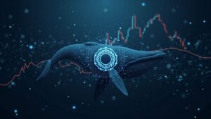 Logo de Cardano en primer plano, monedas ADA girando, silueta de ballena, y un gráfico de resistencia de 0.40 en estilo de sala de noticias