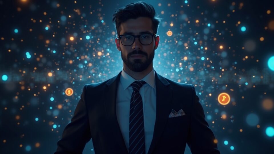 Imagen fotorrealista de un regulador con traje, con un fondo luminoso de blockchain y iconos de criptomonedas.