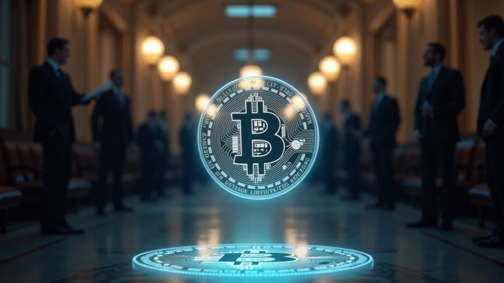 Pasillo del Senado fotorrealista con un holograma de moneda cripto brillante en primer plano mientras los legisladores debaten la regulación de DeFi.