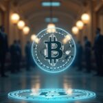 Pasillo del Senado fotorrealista con un holograma de moneda cripto brillante en primer plano mientras los legisladores debaten la regulación de DeFi.