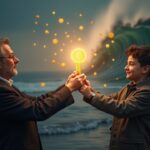 Un inversor senior entrega una clave cripto brillante a un heredero más joven mientras una ola de tokens cripto se eleva detrás.