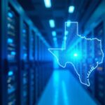 Centro de datos de Texas fotorrealista con servidores, resplandor azul y un chip de IA holográfico, sugiriendo la expansión de IA/HPC.