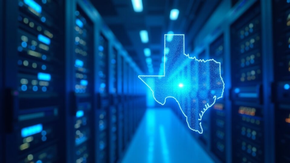 Centro de datos de Texas fotorrealista con servidores, resplandor azul y un chip de IA holográfico, sugiriendo la expansión de IA/HPC.