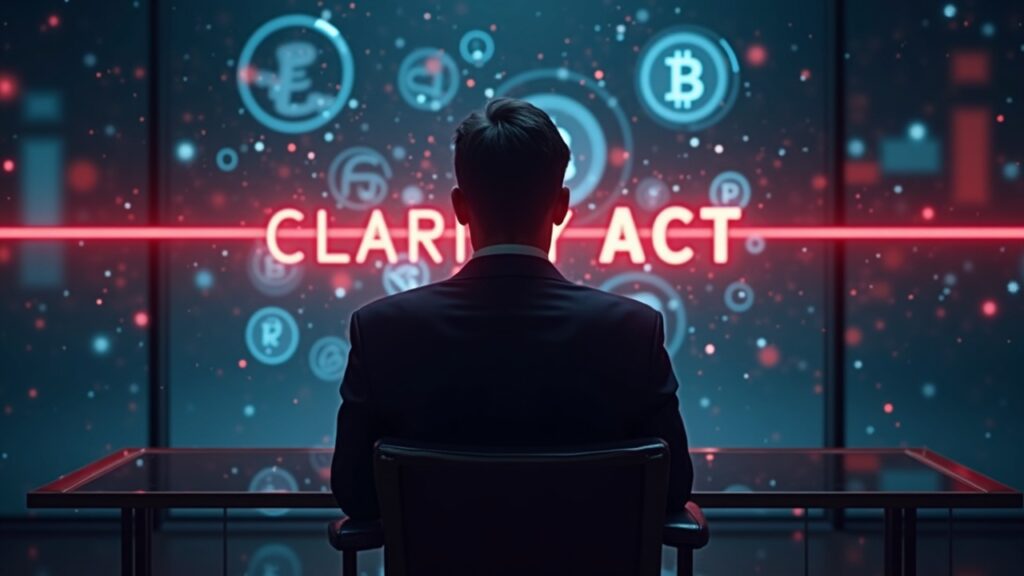 Imagen fotorrealista de un ejecutivo cripto en un escritorio de vidrio con stablecoins holográficas detrás, una línea roja brillante de la Ley CLARITY que señala un choque regulatorio.