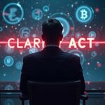 Imagen fotorrealista de un ejecutivo cripto en un escritorio de vidrio con stablecoins holográficas detrás, una línea roja brillante de la Ley CLARITY que señala un choque regulatorio.