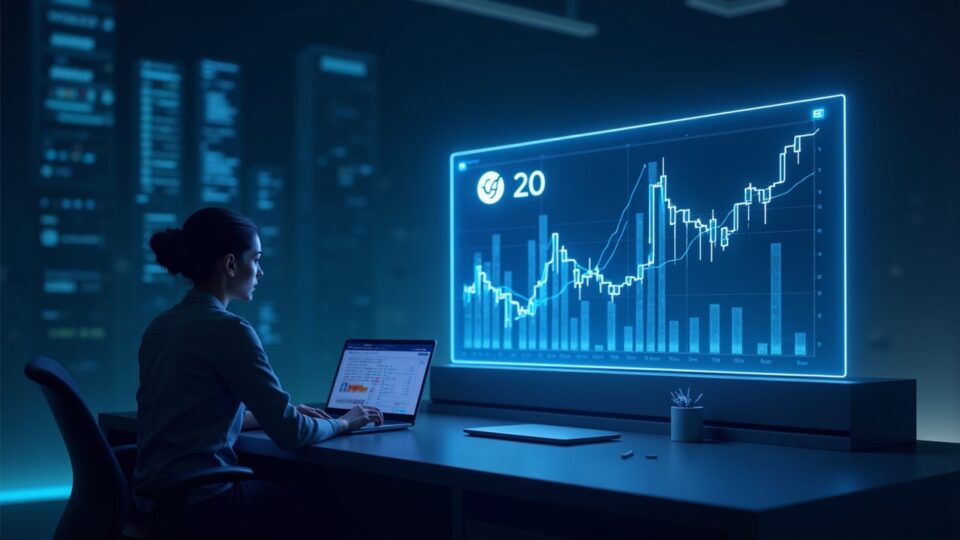 Mesa de trading futurista con un operador junto a una pantalla holográfica del CoinDesk 20 y un AAVE brillante con barras de capitalización de mercado