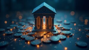 Escena fotorrealista de una torre bancaria fusionándose con monedas digitales luminosas en una única red, con documentos regulatorios transformándose en código.