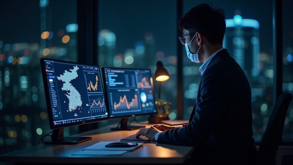 Escritorio fotorrealista en Seúl con un analista revisando paneles de control de ETF de Bitcoin, tickers holográficos y un mapa de Corea iluminado por nodos blockchain.
