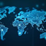Mapa fotorealista holográfico de la red cripto con líneas de rastreo sobre un fondo tecnológico oscuro, icono de Telegram visible