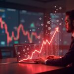 Sala de redacción fotorrealista con un analista de criptomonedas, logos de tokens holográficos disolviéndose en ceros, y un resplandor rojo de caída de mercado.