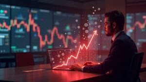 Sala de redacción fotorrealista con un analista de criptomonedas, logos de tokens holográficos disolviéndose en ceros, y un resplandor rojo de caída de mercado.