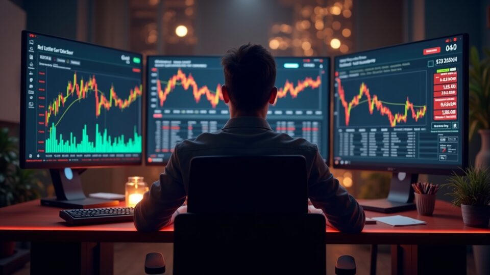 Comerciante cripto fotorrealista en un escritorio iluminado, los monitores muestran el rally de Bitcoin y liquidaciones cercanas a $789M