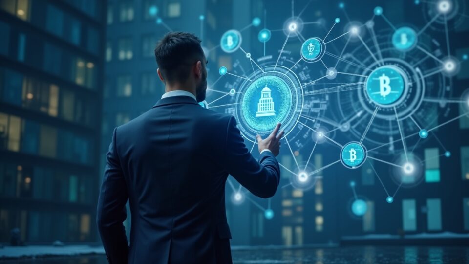Ejecutivo cripto fotorrealista de Davos con una red holográfica de tokens que representa las finanzas tokenizadas impulsadas por la política.