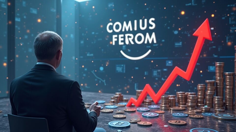 Fotorrealista funcionario de Davos en medio de flechas rojas del mercado y logotipos cripto que se hunden, señalando riesgo regulatorio y caída de las criptomonedas.