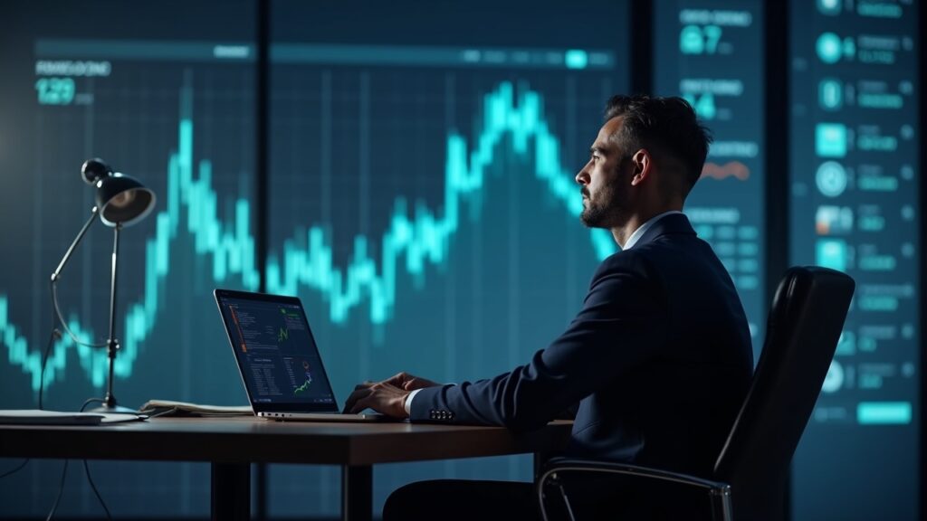 CEO fotorrealista en una oficina elegante observando un ticker de Bitcoin con un fondo de blockchain, reflejando una tesorería guiada por la gobernanza.