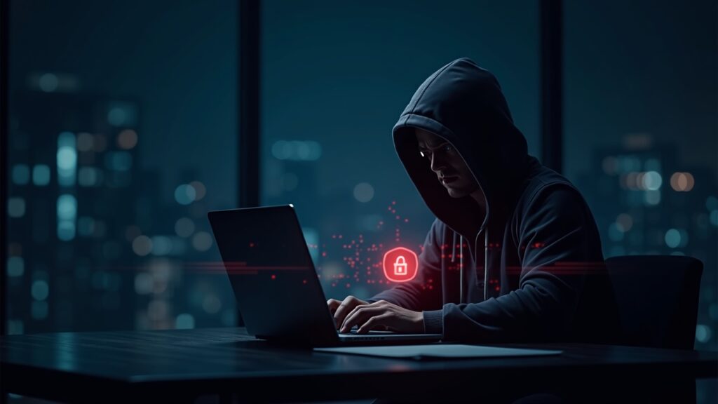 Figura encapuchada frente a un portátil con una superposición translúcida de la blockchain de Polygon y un emblema rojo de ransomware en una sala de redacción.
