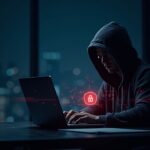 Figura encapuchada frente a un portátil con una superposición translúcida de la blockchain de Polygon y un emblema rojo de ransomware en una sala de redacción.
