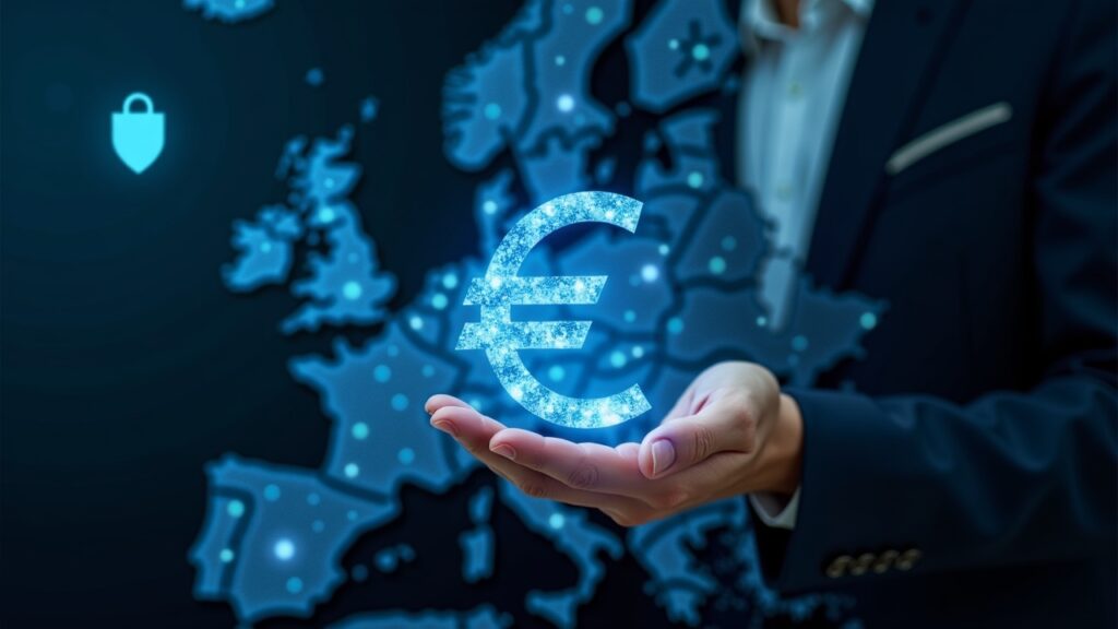 Imagen fotorrealista de un banquero central europeo con un símbolo de euro digital, sobre un mapa holográfico de Europa, un escudo de privacidad y nodos de red.