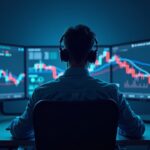 Operador cripto fotorrealista con la caída de Dogecoin y un gráfico de Bitcoin en las pantallas; escena azul de sala de redacción que señala aversión al riesgo.