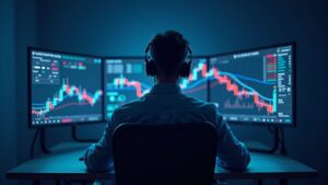 Operador cripto fotorrealista con la caída de Dogecoin y un gráfico de Bitcoin en las pantallas; escena azul de sala de redacción que señala aversión al riesgo.