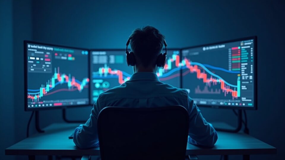 Operador cripto fotorrealista con la caída de Dogecoin y un gráfico de Bitcoin en las pantallas; escena azul de sala de redacción que señala aversión al riesgo.