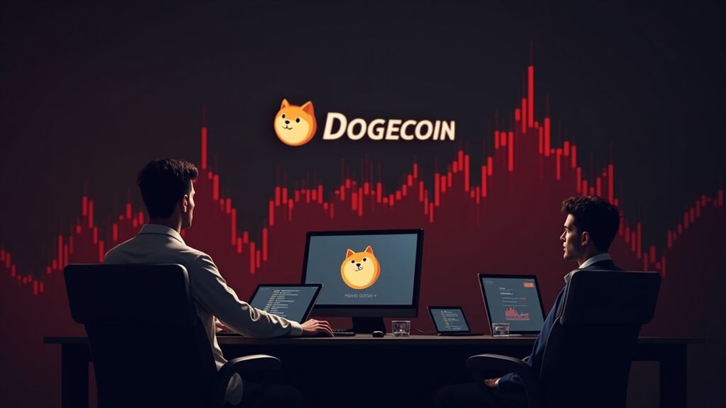 Mesa de trading cripto realista con un logo de Dogecoin, un gráfico de precios rojo y volumen en aumento mientras se venden las ganancias en las subidas.