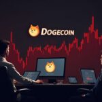 Mesa de trading cripto realista con un logo de Dogecoin, un gráfico de precios rojo y volumen en aumento mientras se venden las ganancias en las subidas.