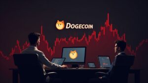 Mesa de trading cripto realista con un logo de Dogecoin, un gráfico de precios rojo y volumen en aumento mientras se venden las ganancias en las subidas.