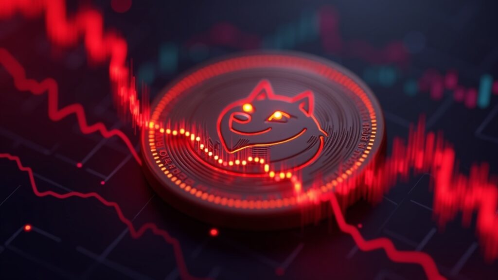Primer plano realista de una ficha de Dogecoin junto a un gráfico de precios descendente con olas de liquidación rojas y datos de mercado en neón.