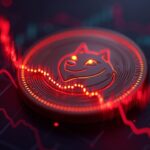Primer plano realista de una ficha de Dogecoin junto a un gráfico de precios descendente con olas de liquidación rojas y datos de mercado en neón.