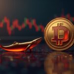 Dogecoin fotorrealista y silueta de ballena moviéndose hacia un gran icono de intercambio sobre un gráfico de precios rojo que cae por debajo de 0.13.