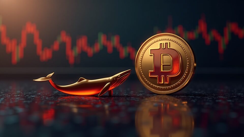 Dogecoin fotorrealista y silueta de ballena moviéndose hacia un gran icono de intercambio sobre un gráfico de precios rojo que cae por debajo de 0.13.