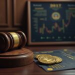 Escena fotorealista de una sala del tribunal del DOJ con un mazo, monedas Bitcoin y un mapa de flujo de activos digitales que ilustra la incautación del mezclador Helix.