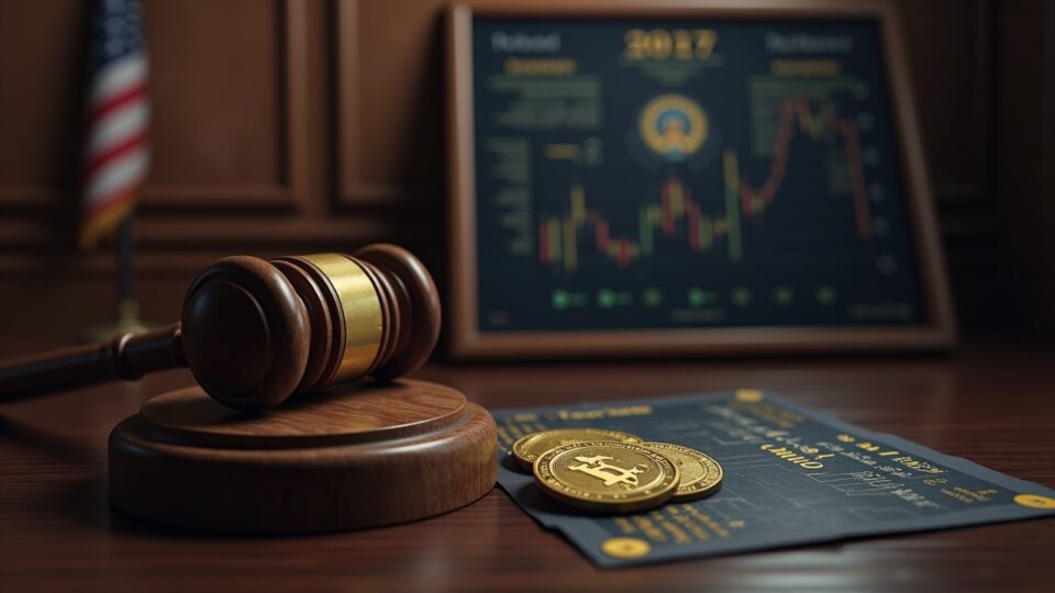 Escena fotorealista de una sala del tribunal del DOJ con un mazo, monedas Bitcoin y un mapa de flujo de activos digitales que ilustra la incautación del mezclador Helix.