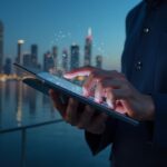 Profesional usando una billetera cripto en una tablet para pagar primas, horizonte de Dubai con un resplandor de cadena de bloques.