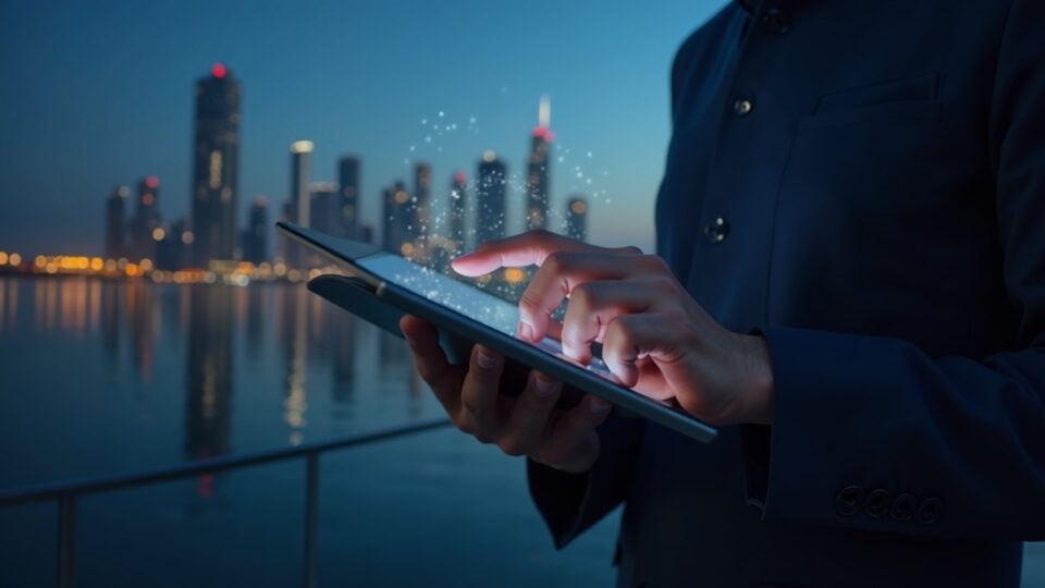 Profesional usando una billetera cripto en una tablet para pagar primas, horizonte de Dubai con un resplandor de cadena de bloques.