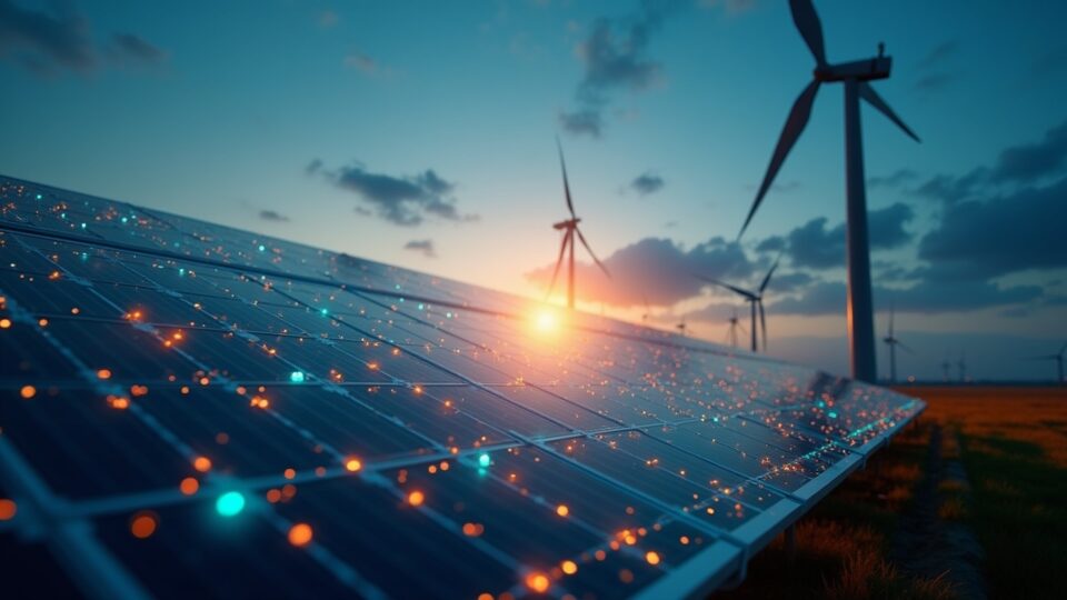 Granja solar y turbina eólica conectadas por tokens blockchain brillantes, con telemetría IoT y un panel de control financiero seguro.