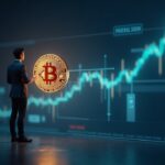 Ejecutivo empresarial fotorrealista junto a un Bitcoin holográfico y un gráfico de acciones en alza, ilustrando la estrategia de BTC.
