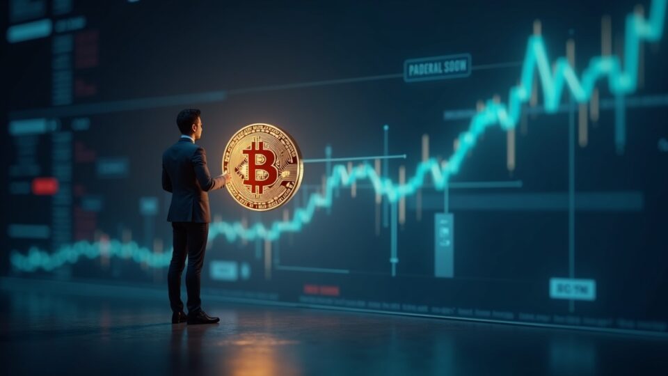 Ejecutivo empresarial fotorrealista junto a un Bitcoin holográfico y un gráfico de acciones en alza, ilustrando la estrategia de BTC.