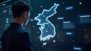Encabezado fotorrealista de un ejecutivo fintech junto a un mapa de Korea iluminado, con carriles de pago transfronterizos hacia GoFi y Gopax.