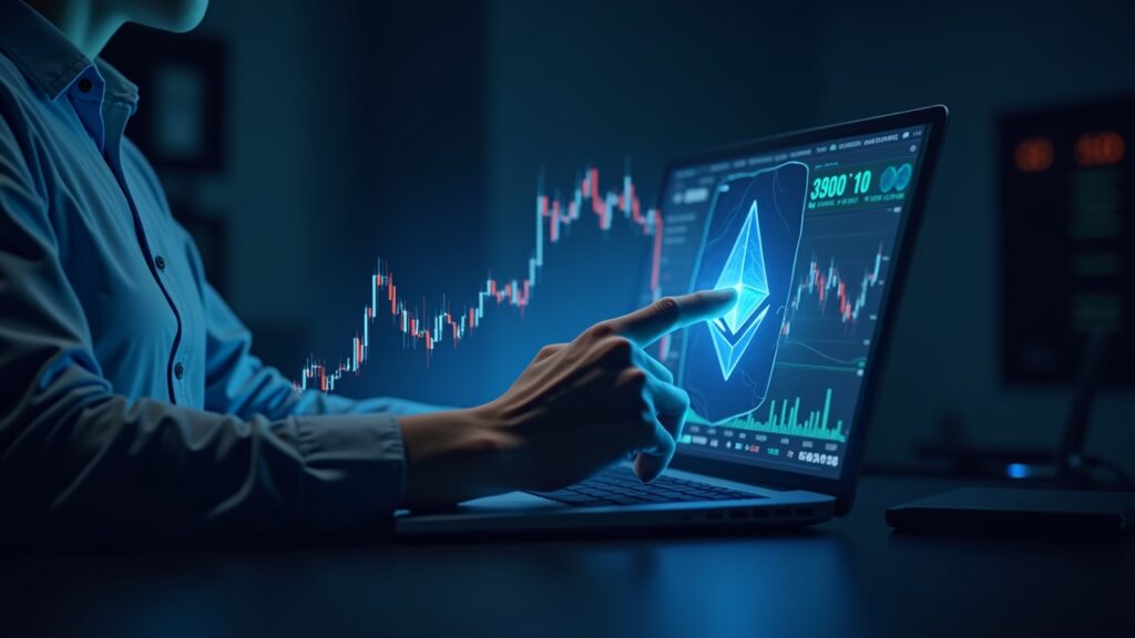 Analista de mercado hiperreal en un escritorio con holograma de precio de ETH mostrando ruptura 3300–3900 y EMA de 200 como soporte.