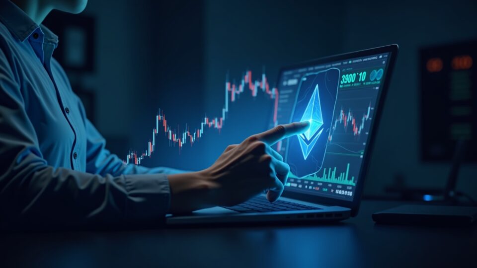 Analista de mercado hiperreal en un escritorio con holograma de precio de ETH mostrando ruptura 3300–3900 y EMA de 200 como soporte.