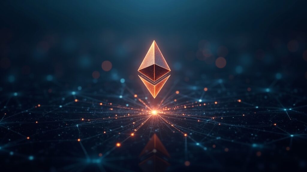Imagen fotorrealista de un logotipo de Ethereum brillante sobre un moderno distrito financiero, con líneas de red e íconos regulatorios.