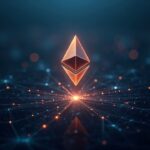 Imagen fotorrealista de un logotipo de Ethereum brillante sobre un moderno distrito financiero, con líneas de red e íconos regulatorios.